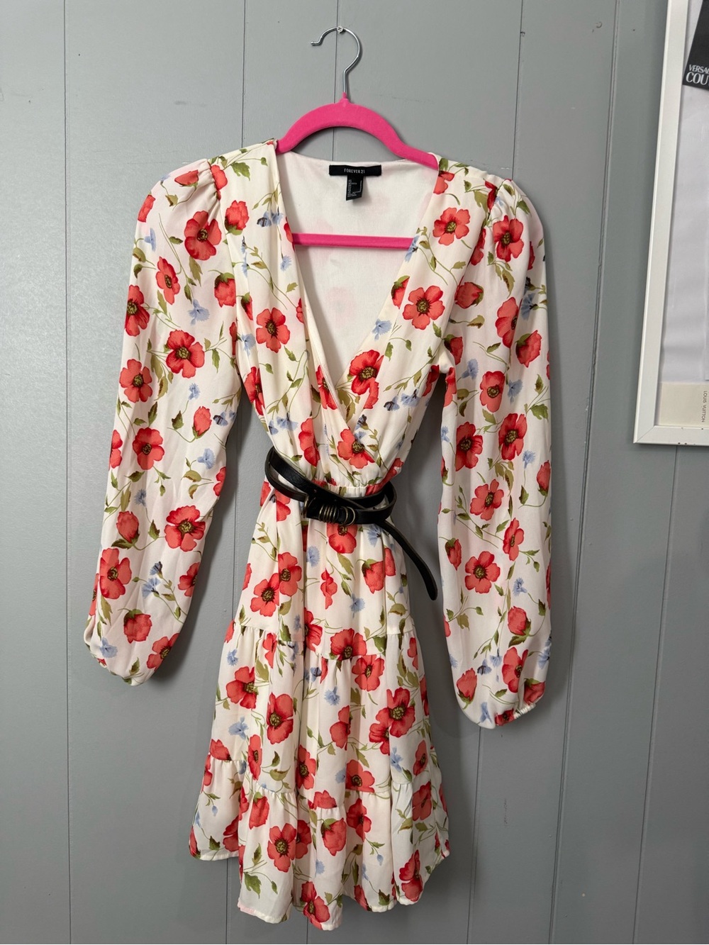 Forever 21 White Floral Wrap Dress with Red & Green Print
